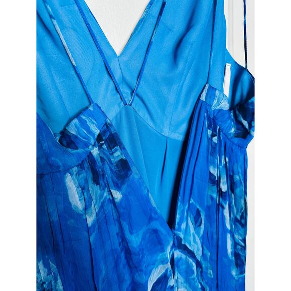 HALSTON Bright Blue Floral Chiffon V-Neck Criss-Cross Open Back Maxi Dress Size4 - Picture 9 of 14